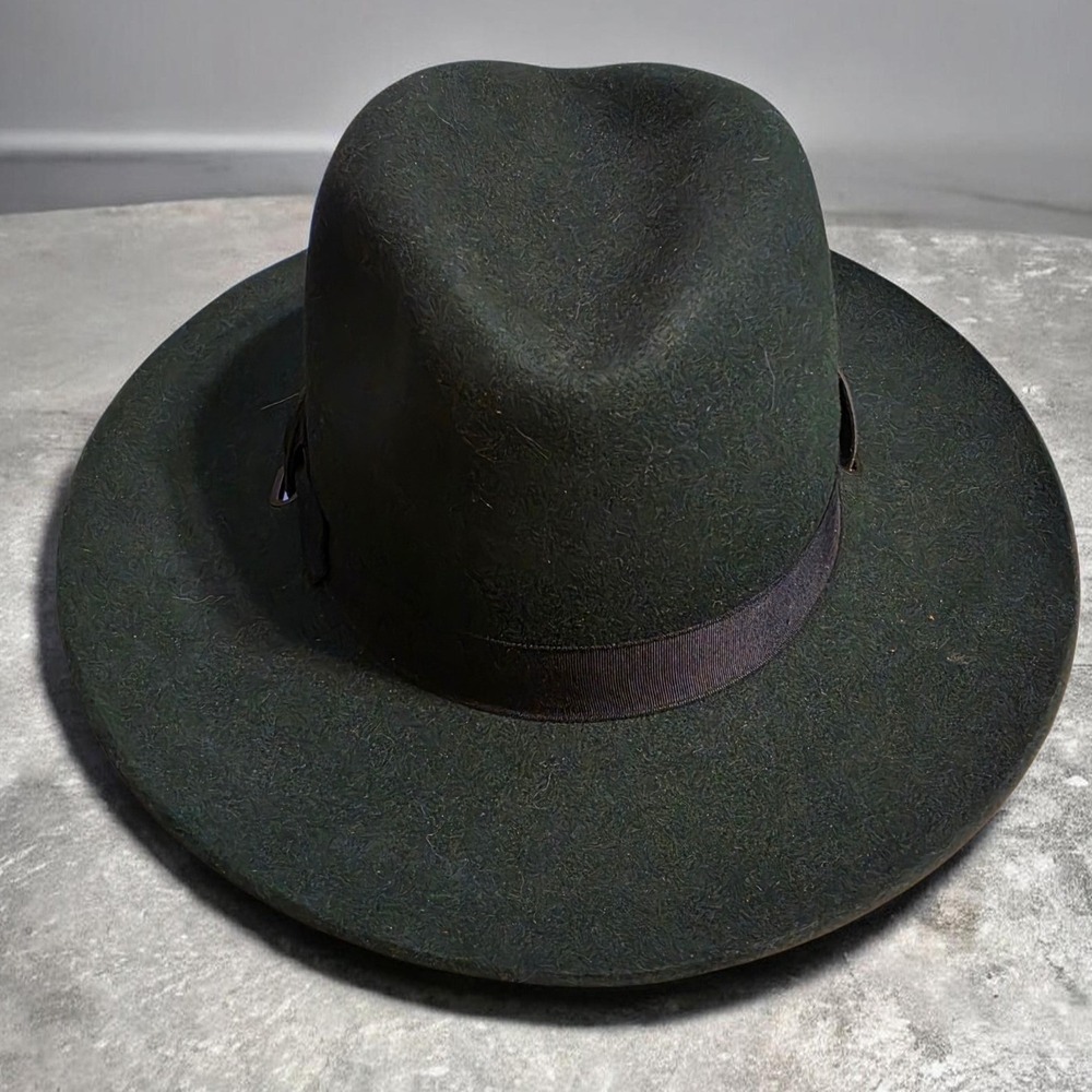 Stratton USA Unisex Forest Green Felt Fedora‎ Wide Brim Hat w/Chin Strap 6 7/8
